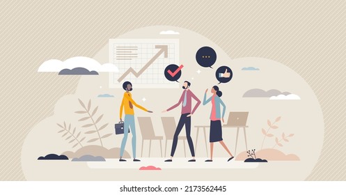 Employee onboarding process and welcoming to new job tiny person concept. Greetings to hired employee and duties explanation for better staff integration vector illustration. Human resources work.