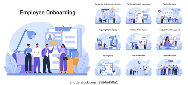 Employee Onboarding set. New hires journey from orientation to corporate culture. Conducting a session, training seminars, mentor guidance, and feedback. Flat vector illustration.