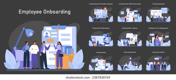 Employee Onboarding set. New hires journey from orientation to corporate culture. Conducting a session, training seminars, mentor guidance, and feedback. Flat vector illustration.