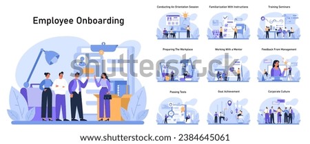 Employee Onboarding set. New hires journey from orientation to corporate culture. Conducting a session, training seminars, mentor guidance, and feedback. Flat vector illustration. Stock foto © 