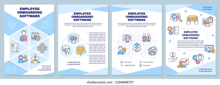 Employee onboarding software blue brochure template. Leaflet design with linear icons. Editable 4 vector layouts for presentation, annual reports. Arial-Black, Myriad Pro-Regular fonts used