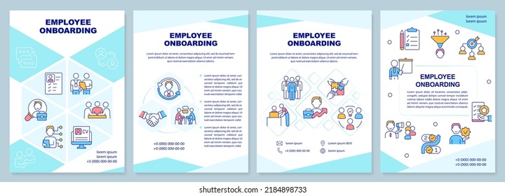 Employee onboarding turquoise brochure template. Adaptation. Leaflet design with linear icons. Editable 4 vector layouts for presentation, annual reports. Arial-Black, Myriad Pro-Regular fonts used