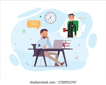 Ein Mitarbeiter bestellt Lebensmittel online für eine kurze Mittagszeit. Nutzen Sie den Grauernährungsdienst, um Essen zu kaufen. Illustration flaches Design mit Background Office.