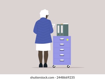 Employee Organizing Files in a Modern Office Setting, A person stands by a file cabinet, sorting documents at work