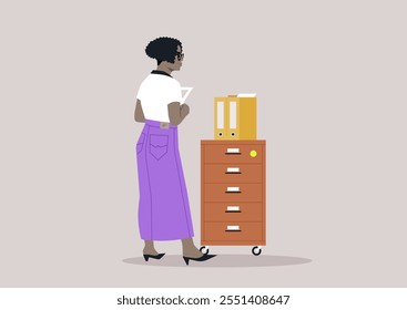 Employee Organizing Files in a Modern Office Setting, A person stands by a file cabinet, sorting documents at work