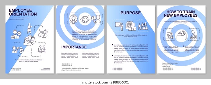 Employee orientation blue brochure template. Onboarding. Leaflet design with linear icons. Editable 4 vector layouts for presentation, annual reports. Arial, Myriad Pro-Regular fonts used