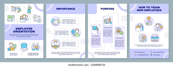 Employee orientation purple brochure template. Onboarding. Leaflet design with linear icons. Editable 4 vector layouts for presentation, annual reports. Arial-Black, Myriad Pro-Regular fonts used