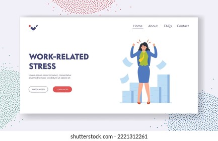 Employee Overload at Work Landing Page Template. Busy Manager at Workplace with Paper Heap. Overworked Businesswoman Character Feel Frustrated in Office. Cartoon Vector Illustration