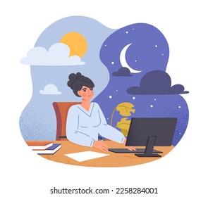 Employee overworking concept. Woman sits at computer in office day and night. Overworked worker, emotional burnout. Inefficient workflow and poor time management. Cartoon flat vector illustration