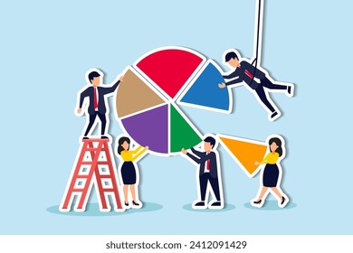 Employee participation, partnership or collaboration to success, teamwork or team effort for business development, statistic or analytics concept, business people colleagues help building pie chart.