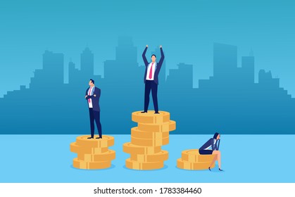 Employee pay difference and gender gap concept. Vector of a businesswoman being rewarded the least 