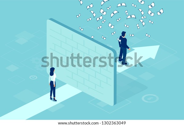 Employee pay difference and gender gap concept.\
Vector of a businesswoman separated by wall from businessman under\
money rain
