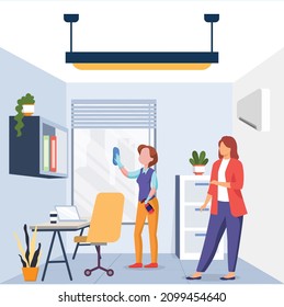 An employee is paying attention to the cleaning service cleaning the room before work. Vector colorful illustration. Office.