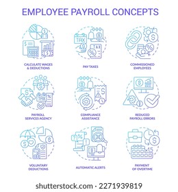 Conjunto de iconos de concepto de gradiente azul de nómina de empleados. Salario del trabajador por trabajo. Ilustraciones de color de línea delgada de la idea de compensación. Símbolos aislados. Fuentes Roboto-Medium, Myriad Pro-Bold utilizadas