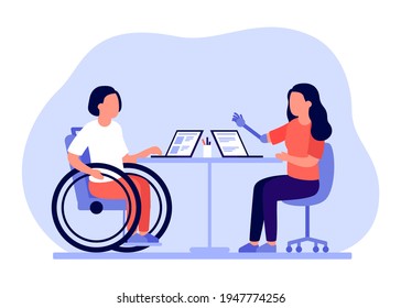 Employee people with disabilities and inclusion work together in office. Disabled different people on wheelchair and with prothesis sit and communicate using laptop. Handicap persons work. Vector flat