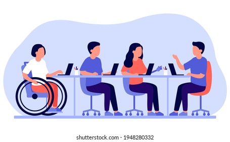 Employee people with disabilities and inclusion work together in office. Disabled different people on wheelchair and with prothesis sit and communicate using laptop. Handicap persons work. Vector flat