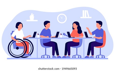 Employee people with disabilities and inclusion work together in office. Disabled different people on wheelchair and with prothesis sit and communicate using laptop. Handicap persons work. Vector flat