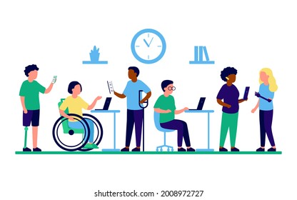 Employee people with disabilities and inclusion work together in office. Disabled different people on wheelchair and with prothesis sit and communicate using laptop. Handicap persons work. Vector flat