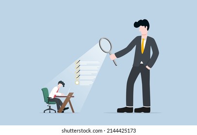 Employee performance assessment, giving review to improve productivity, individual work rating concept. Boss use magnifying glass to evaluate his employee according to each items. 