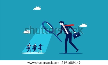 Employee performance assessment. Managers use a magnifying glass to analyze employees