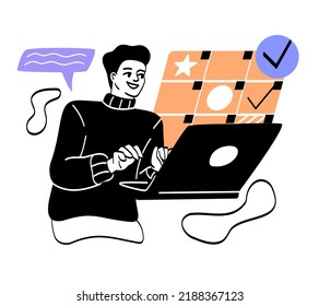 Employee performance concept. Male office worker or entrepreneur works on laptop and completes projects on deadline. Efficiency, productivity and time management. Cartoon flat vector illustration