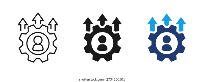 Employee performance icon with user profile, gear and upward arrows. Symbol of workforce development, productivity growth, HR management, team optimization, business efficiency and performance.