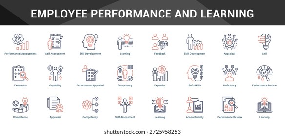 Rendimiento y aprendizaje de los empleados Conjunto coherente de iconos vectoriales minimalistas que representan ideas clave con claridad visual