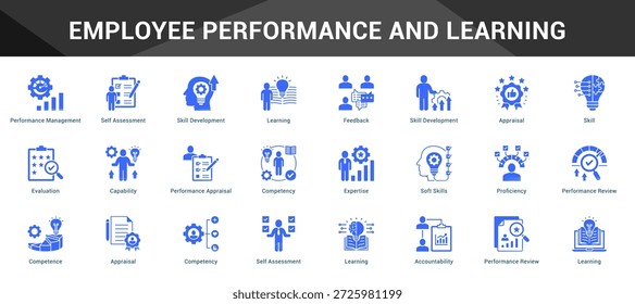 Rendimiento y aprendizaje de los empleados Conjunto coherente de iconos vectoriales minimalistas que representan ideas clave con claridad visual