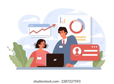 Employee performance management. Performance indicators and reports. Business efficiency and company management. KPI analytics. Flat vector illustration
