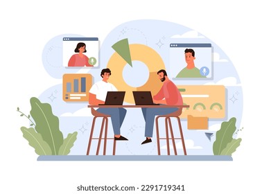 Gestión del rendimiento de los empleados. Indicadores e informes de ejecución. Eficiencia empresarial y gestión de empresas. Análisis de KPI. Ilustración vectorial plana