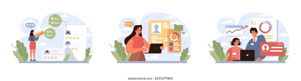 Employee performance management set. Performance indicators and reports. Business efficiency and company management. KPI analytics. Flat vector illustration