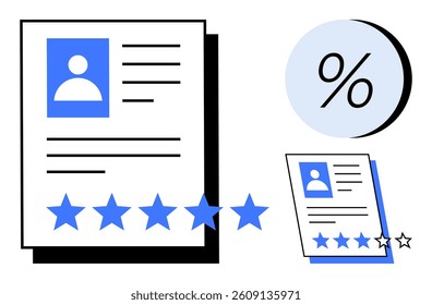 Employee performance review document, rating stars, and percentage icon. Ideal for HR evaluations, performance tracking, employee feedback, annual reviews, company assessments, productivity analysis