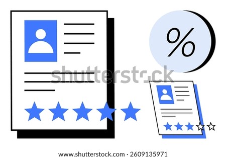 Employee performance review document, rating stars, and percentage icon. Ideal for HR evaluations, performance tracking, employee feedback, annual reviews, company assessments, productivity analysis