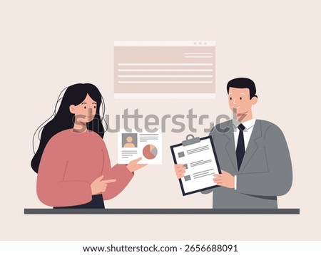 Employee performance review and rating system with an Employee  holding a  performance level sheet, vector  illustration