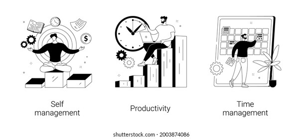 Employee performance and self-organization abstract concept vector illustration set. Self and time management, productivity, motivation software, effective job planning, control abstract metaphor.