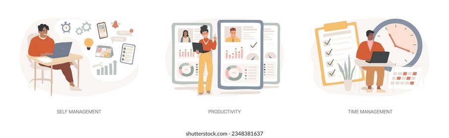Employee performance and self-organization isolated concept vector illustration set. Self and time management, productivity, motivation software, effective job planning, control vector concept.