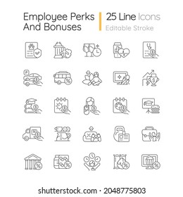Employee perks and bonuses linear icons set. Workplace benefits. Enhancing worker experience. Customizable thin line contour symbols. Isolated vector outline illustrations. Editable stroke
