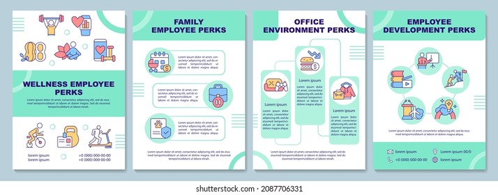 Employee Perks Brochure Template. Staff Wellness. Booklet Print Design With Linear Icons. Vector Layouts For Presentation, Annual Reports, Advertisement. Arial-Black, Myriad Pro-Regular Fonts Used