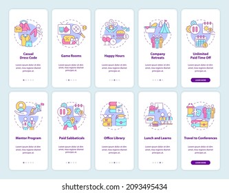 Employee perks onboarding mobile app page screen set. Bonus for company workers walkthrough 5 steps graphic instructions with linear concepts. UI, UX, GUI template. Myriad Pro-Bold, Regular fonts used