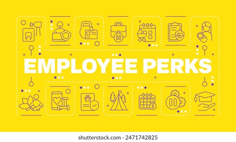 Employee perks yellow word concept. Employee satisfaction and wellness. Parental leave. Horizontal vector image. Headline text surrounded by editable outline icons