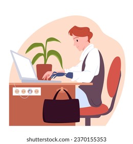 Empleado con discapacidad física trabajando en la ilustración de vector de oficina. Vista lateral de caricatura de la escena laboral aislada con un hombre con prótesis de mano sentado en la mesa, un hombre tecleando en el teclado de una laptop