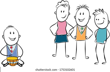 employee playing music instruments  concert in office. Audience crowd enjoying performance & listening to music. Flat line stick figure illustration
