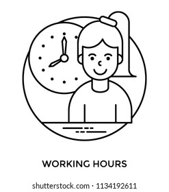 Employee with ponytail in front a time machine depicting working hours icon