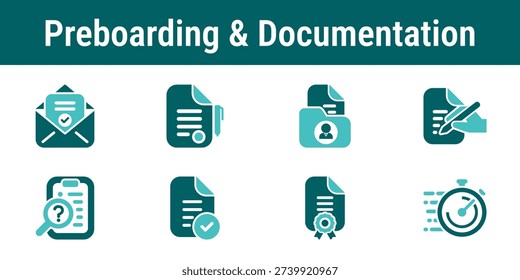 Employee preboarding and documentation icons showing contract invitation forms verification approvals and preparation steps before first working day