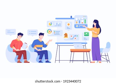 Employee Present, Analyze, Discuss Company Business Chart Concept Flat Style Design Illustration 