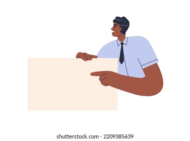 Employee presenting blank paper sheet. Office worker, black man holding, advertising on empty banner background mockup with space for presentation. Flat graphic vector illustration isolated on white