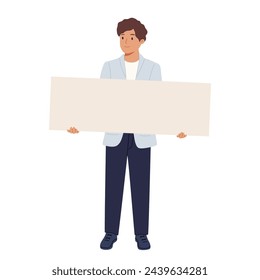 Employee presenting blank paper sheet. Office worker, man holding, advertising on empty banner background mockup with space for presentation. Flat graphic vector illustration isolated on white