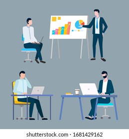 Employee presenting rising chart and diagram on board, men workers sitting on chair and using laptop, people working at table, teamwork success vector