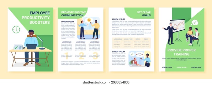 Employee productivity booster flat vector brochure template. Flyer, booklet, printable leaflet design with flat illustrations. Magazine page, cartoon reports, infographic posters with text space