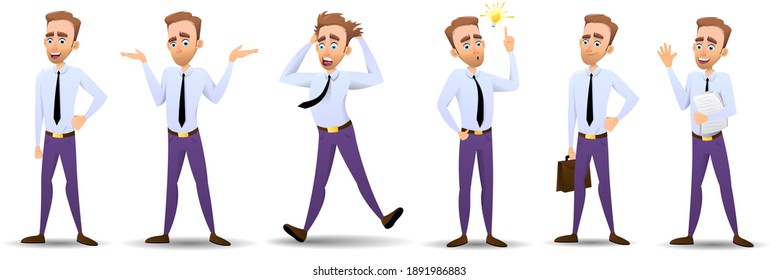 An employee in a professional position, walking, working, running, jumping, angry. A large set of business characters, office workers, office managers. Vector illustration